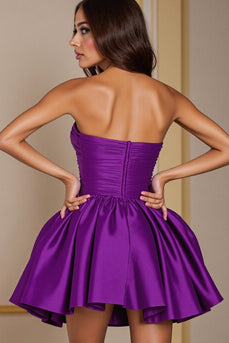 Dark Purple Satin Sweetheart Ruched Short Prom Dress
