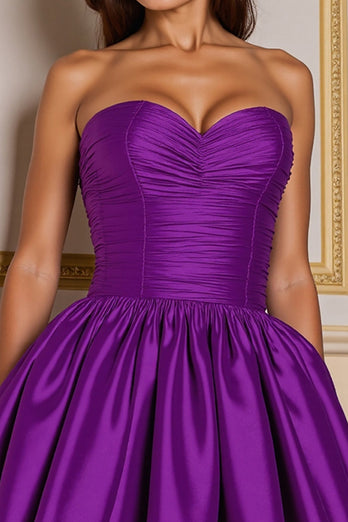 Dark Purple Satin Sweetheart Ruched Short Prom Dress