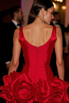Satin Red Floral Deep V-Neck Short Corset Prom Dress