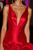 Load image into Gallery viewer, Satin Red Floral Deep V-Neck Short Corset Prom Dress