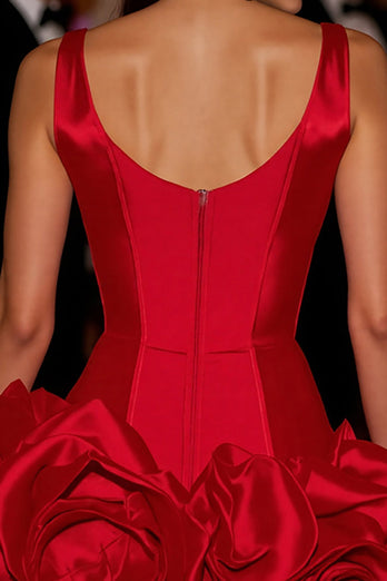 Satin Red Floral Deep V-Neck Short Corset Prom Dress