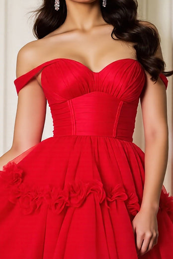 Red A Line Tulle Short Corset Prom Dress with Ruffles