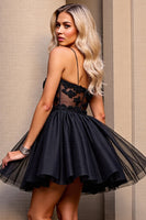 Load image into Gallery viewer, Black Tulle Short Corset Prom Dress with Appliques