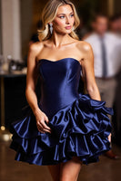 Load image into Gallery viewer, Satin Navy Sweetheart Short Prom Dress with Ruffles