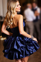Load image into Gallery viewer, Satin Navy Sweetheart Short Prom Dress with Ruffles