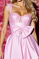 Load image into Gallery viewer, Pink Satin Corset Short Prom Dress with Bow