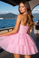 Load image into Gallery viewer, Pink Tulle Tiered Corset Short Prom Dress with Ruffles