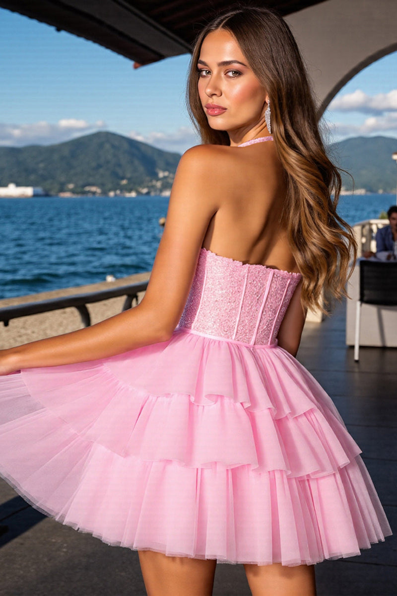 Load image into Gallery viewer, Pink Tulle Tiered Corset Short Prom Dress with Ruffles