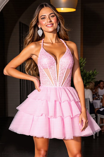 Pink Tulle Tiered Corset Short Prom Dress with Ruffles