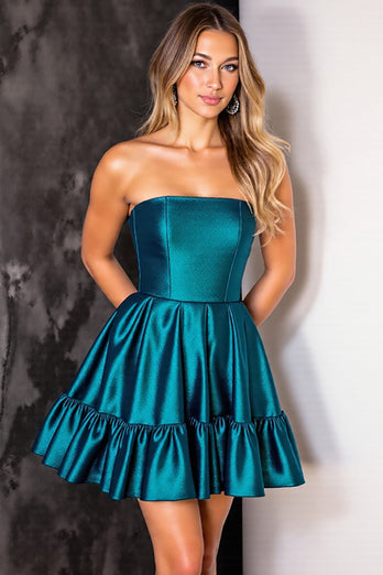Dark Blue Strapless A Line Satin Short Prom Dress with Ruffles