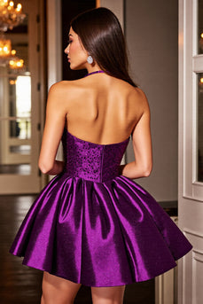 Sparkly Dark Purple Sequin Halter A Line Satin Short Prom Dress
