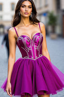 Load image into Gallery viewer, Sparkly Dark Purple Tulle Short Corset Prom Dress with Beading