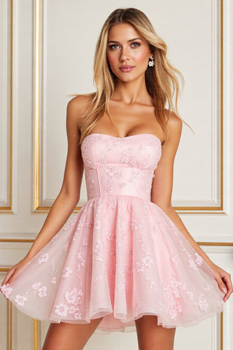 Floral Pink Strapless Tulle Short Corset Prom Dress