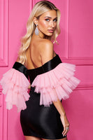 Load image into Gallery viewer, Black and Pink Satin Short Corset Prom Dress with Sleeves