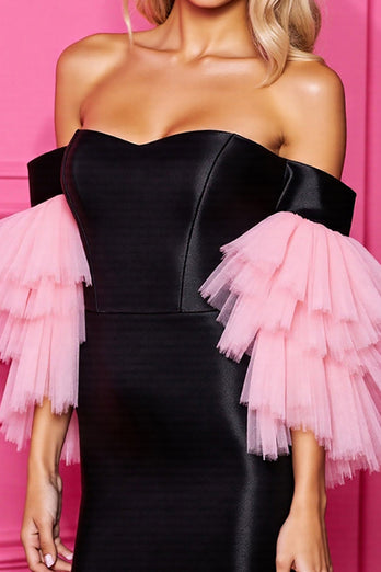 Black and Pink Satin Short Corset Prom Dress with Sleeves