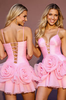 Load image into Gallery viewer, Pink Tulle A Line Short Prom Dress with 3D Flowers