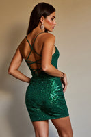 Load image into Gallery viewer, Sparkly Dark Green Sequin Tight Short Prom Dress