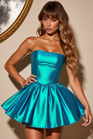 Load image into Gallery viewer, Blue Satin A Line Strapless Corset Short Prom Dress
