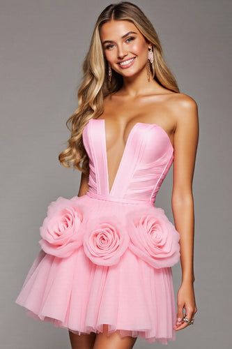 Pink Floral A Line Tulle Corset Short Prom Dress