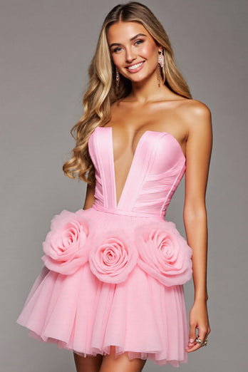 Pink Floral A Line Tulle Corset Short Prom Dress