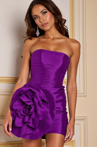 Dark Purple Floral Satin Bodycon Short Prom Dress