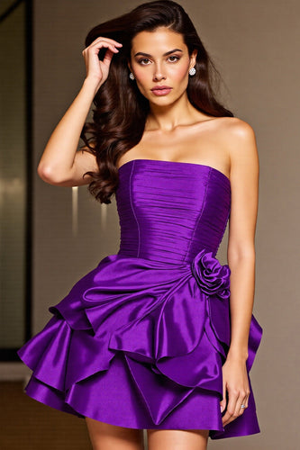 Dark Purple Satin Floral Short Prom Dress with Ruffles