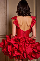 Load image into Gallery viewer, Sparkly Red Beaded Satin Short Corset Prom Dress with Ruffles
