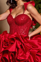Load image into Gallery viewer, Sparkly Red Beaded Satin Short Corset Prom Dress with Ruffles