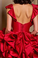Load image into Gallery viewer, Sparkly Red Beaded Satin Short Corset Prom Dress with Ruffles