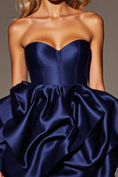Load image into Gallery viewer, Navy Satin A Line Ruffled Corset Short Prom Dress