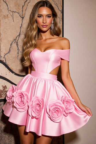 Pink Satin Floral A Line Corset Short Prom Dress