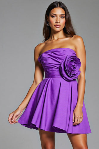 Purple Strapless Floral Satin Short Prom Dress