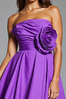 Load image into Gallery viewer, Purple Strapless Floral Satin Short Prom Dress