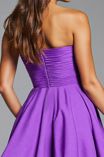 Purple Strapless Floral Satin Short Prom Dress