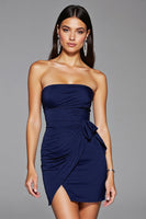 Load image into Gallery viewer, Navy Satin Strapless Bodycon Short Prom Dress with Slit
