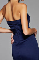 Load image into Gallery viewer, Navy Satin Strapless Bodycon Short Prom Dress with Slit