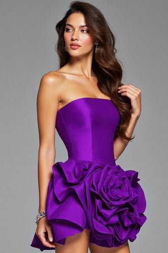 Dark Purple Satin Floral Ruffled Short Prom Dress