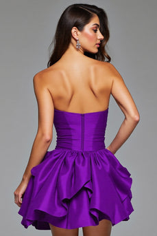 Dark Purple Satin Floral Ruffled Short Prom Dress