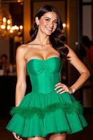 Load image into Gallery viewer, Dark Green Tulle Strapless Corset Short Prom Dress with Feathers