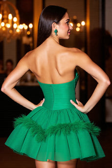 Dark Green Tulle Strapless Corset Short Prom Dress with Feathers