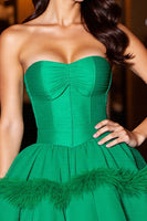 Load image into Gallery viewer, Dark Green Tulle Strapless Corset Short Prom Dress with Feathers