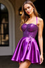 Load image into Gallery viewer, Sparkly Dark Purple Halter Satin Short Prom Dress with Sequins