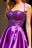 Load image into Gallery viewer, Sparkly Dark Purple Halter Satin Short Prom Dress with Sequins