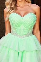 Load image into Gallery viewer, Sparkly Green Tulle A Line Short Corset Prom Dress with Beading
