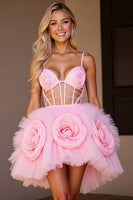 Load image into Gallery viewer, Pink Floral Tulle Cut Out Short Corset Prom Dress
