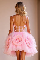 Load image into Gallery viewer, Pink Floral Tulle Cut Out Short Corset Prom Dress