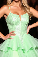 Load image into Gallery viewer, Sparkly Green Ruffled Tulle Corset Short Prom Dress with Beading