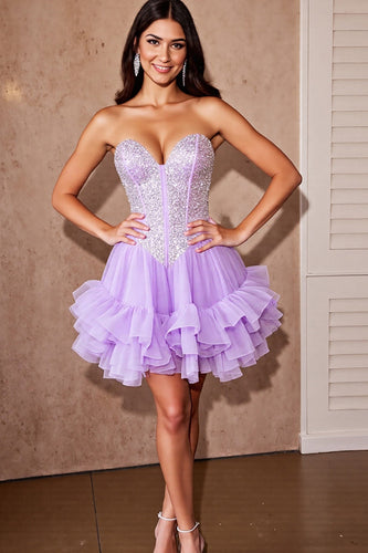 Sparkly Lilac Tulle Ruffled Short Corset Prom Dress with Sequins