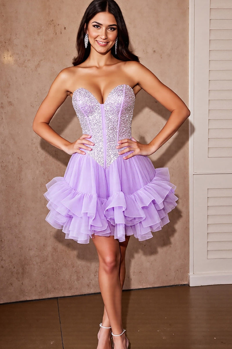 Load image into Gallery viewer, Sparkly Lilac Tulle Ruffled Short Corset Prom Dress with Sequins