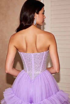 Sparkly Lilac Tulle Ruffled Short Corset Prom Dress with Sequins